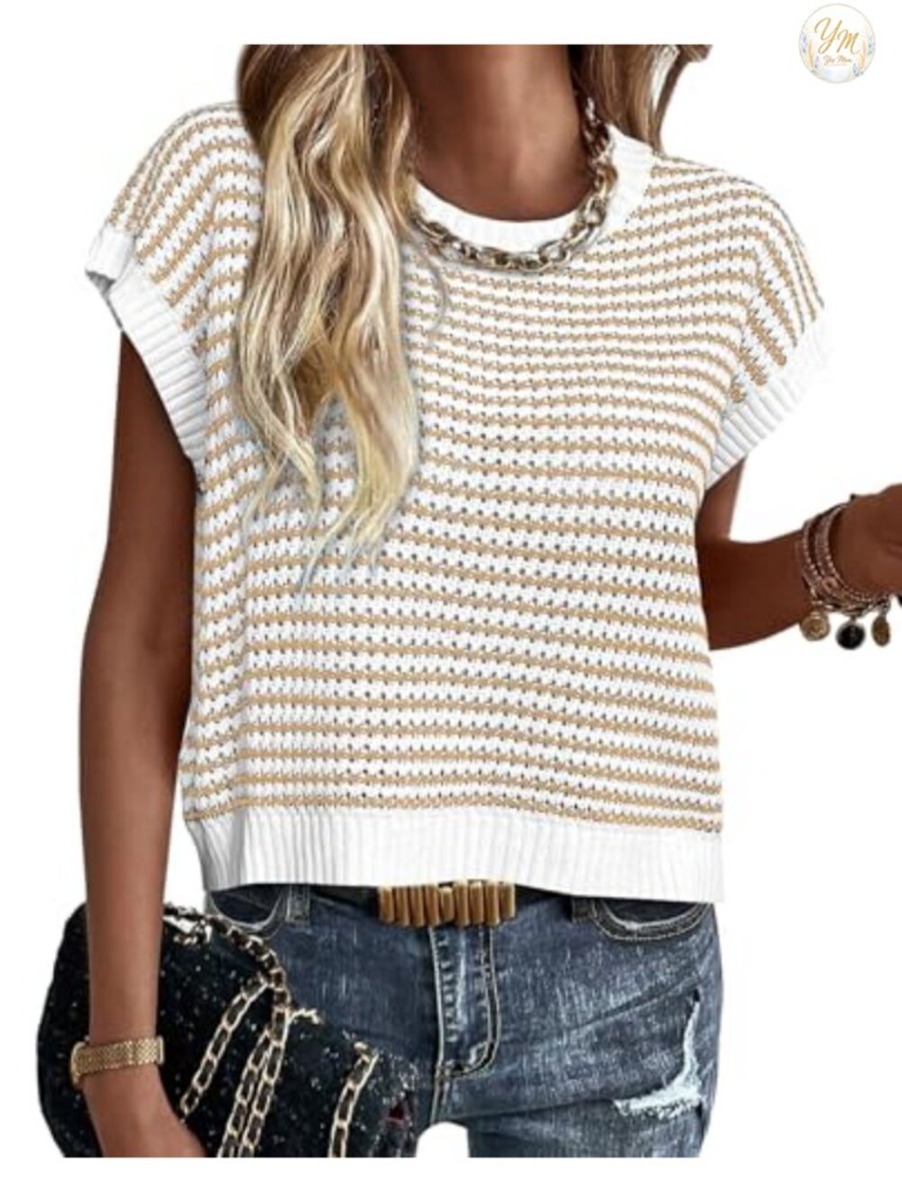 PRETTYGARDEN Striped Cap Sleeve Sweater Vest Women's Layering Knit Top